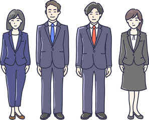 スーツ姿の男女イラスト　４人全身