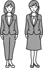 スーツ姿の女性2人イラスト　前向きモノクロ全身