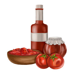 Composition with products from red tomatoes. Glass jar and bottle, wooden bowl