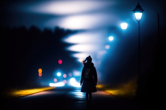 Girl walking allone at night on a dark long road following street lights