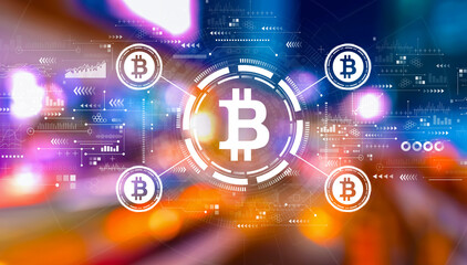 Bitcoin theme with urban city lights at night