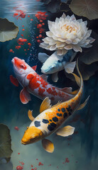 Japanese koi fish swimming gracefully in a beautiful Ben as background created wit AI