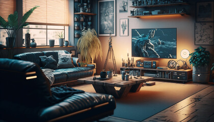 Living room sci-fi futuristic. Generative AI