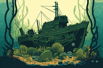 cartoon illustration, sunken steamship wreck in the ocean, ai generative