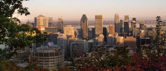 Montréal city skyline view at sunset. Montreal, Canada. Nighttime view at Mont Royal, Montreal, Quebec.