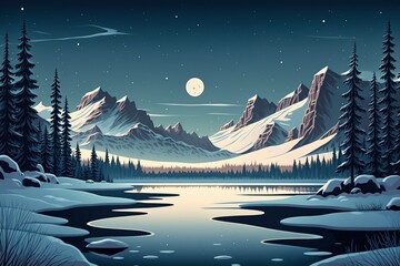 cartoon illustration, winter landscape with ice, lake and mountains, ai generative