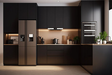 Small, compact modern kitchen for an apartment or flat in black white and beige.  Generative AI.