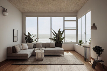 Beautiful Luxurious Modern Coastal Home Interior Living Room with large windows ocean summer beach views minimal staged furniture plants mcm made with Generative Ai