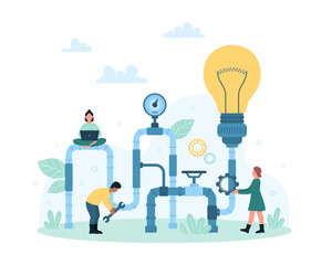Creative project generation process vector illustration. Cartoon tiny people work with idea generator pipeline and pipe system with bright light bulb to generate and control startup innovation