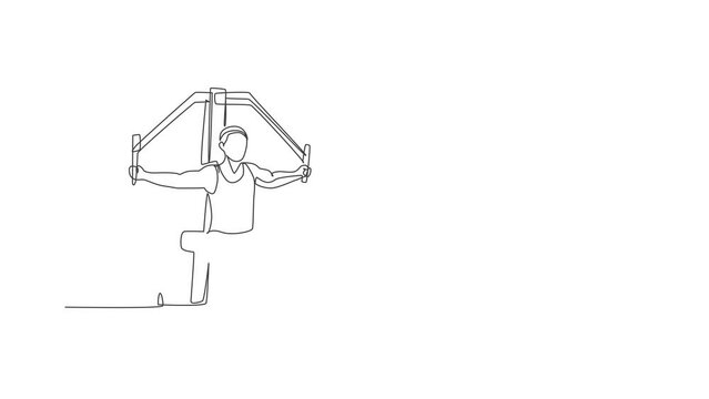 Animation of one line drawing young energetic man exercise with hammer strength machine in gym fitness center. Healthy lifestyle sport concept. Continuous line self draw animated. Full length motion.