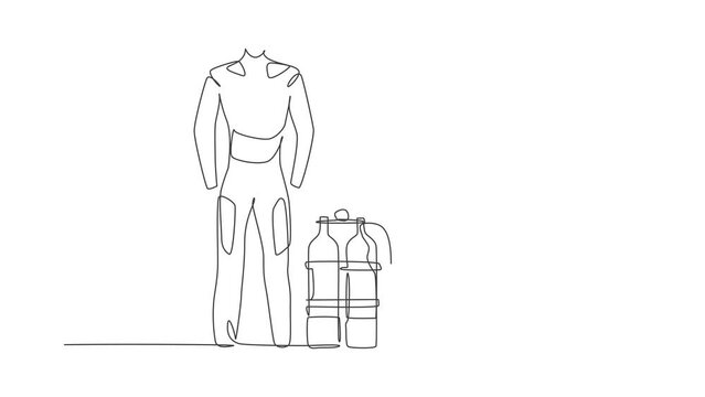 Animated self drawing of continuous line draw wetsuit, swimsuit, regulator, oxygen, mask, snorkel, goggle, fins. Underwater sport scuba diving equipment tools concept. Full length one line animation.