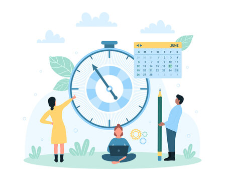 Time management vector illustration. Cartoon tiny people control progress of work with timer, pencil and schedule calendar with deadline date, organize business tasks with planner and stopwatch