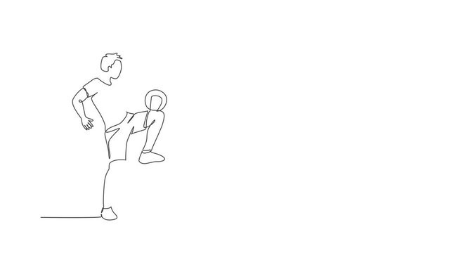 Animated self drawing of continuous line draw young sportive man train soccer freestyle, juggling with thigh on the field. Football freestyler concept. Full length one line animation illustration.