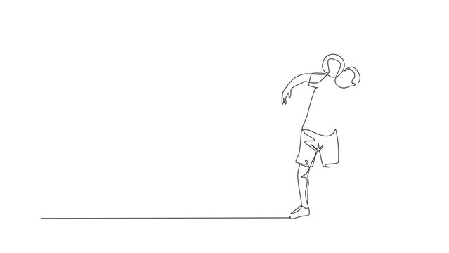 Animated self drawing of single continuous line draw young sportive man train soccer freestyle, hold the ball with shoulder on the field. Football freestyler concept. Full length one line animation.