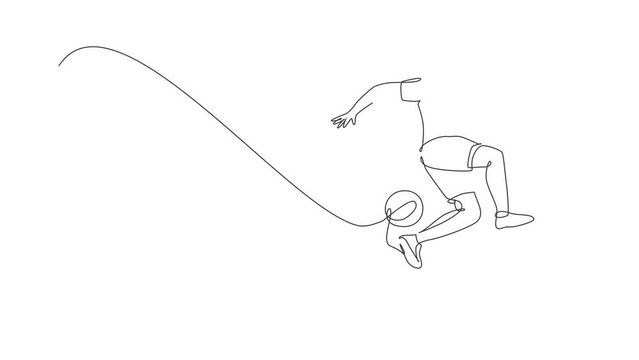 Animated self drawing of continuous line draw sporty man soccer freestyler player practice to juggle ball with heel in the street. Football freestyle sport concept. Full length single line animation.