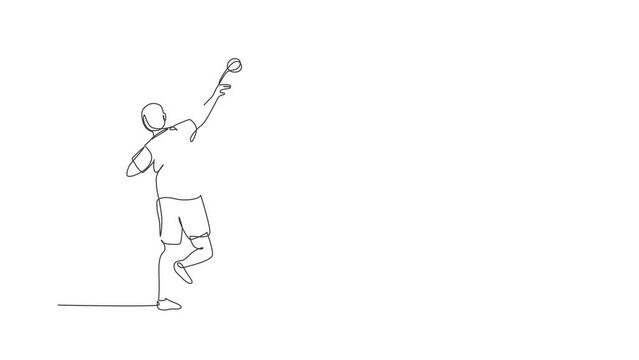 Animated self drawing of continuous line draw young sportive man practice to throw shot put powerfully on the court stadium. Athletic games sport concept. Full length one line animation illustration.