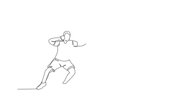 Animated self drawing of continuous line draw sporty man exercising a stance before throw shot put on the field. Athletic games. Olympic sport concept. Full length single line animation illustration.