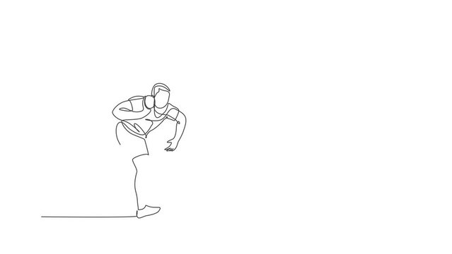 Animation of one single line drawing of young energetic man exercise to throw shot put on the field. Healthy lifestyle athletic sport concept. Continuous line self draw animated. Full length motion.