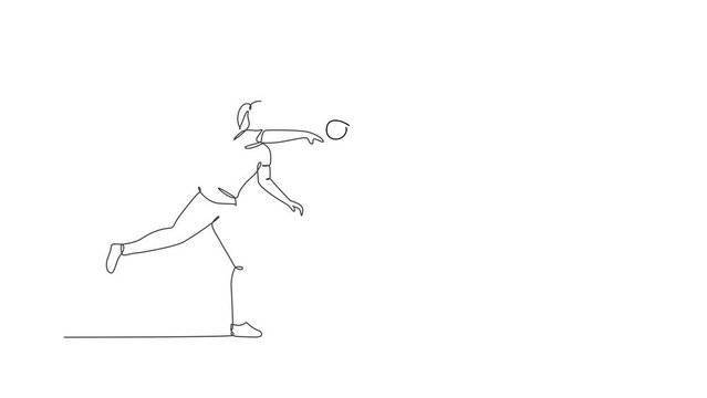 Animated self drawing of single continuous line draw young sportive woman practice to powerfully throw shot put on the court stadium. Athletic games sport concept. Full length one line animation.