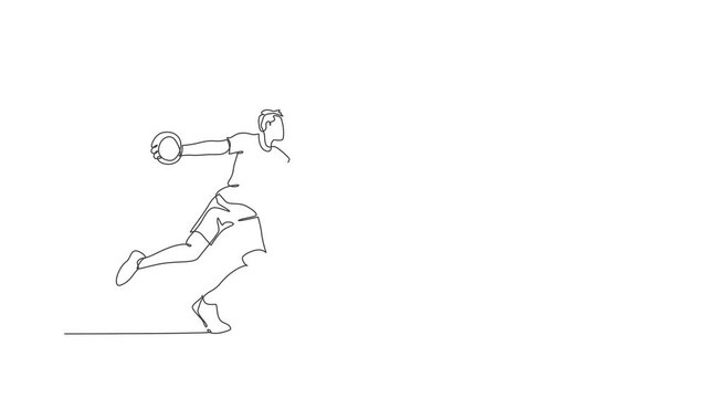 Animated self drawing of one continuous line draw young sporty woman exercise to throw discus on the ground field. Athletic games. Olympic sport concept. Full length single line animation illustration
