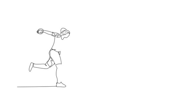 Animation of one line drawing of energetic woman exercise to powerfully throw discus into field ground. Healthy lifestyle athletic sport concept. Continuous line self draw animated. Full length motion