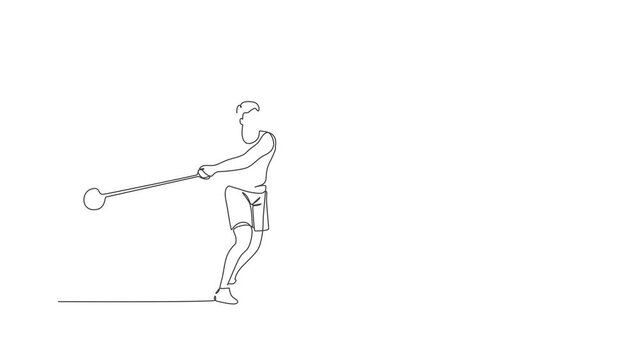 Animation of one line drawing of young energetic man exercise to throw hammer powerfully on field. Healthy lifestyle athletic sport concept. Continuous line self draw animated. Full length motion.