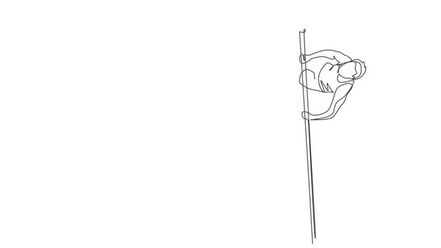 Animated self drawing of continuous line draw young sportive man training pole vault through the bar in the field. Healthy athletic sport concept. Tournament event. Full length one line animation.