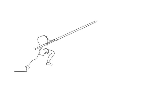 Animated self drawing of one continuous line drawing of young sporty man practicing pole vault jump in the field. Healthy athletic sport concept. Championship event. Full length single line animation.