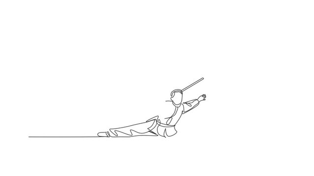 Animated self drawing of one continuous line draw wushu master man, kung fu warrior in kimono with long stick staff on training. Martial art sport contest concept. Full length single line animation.