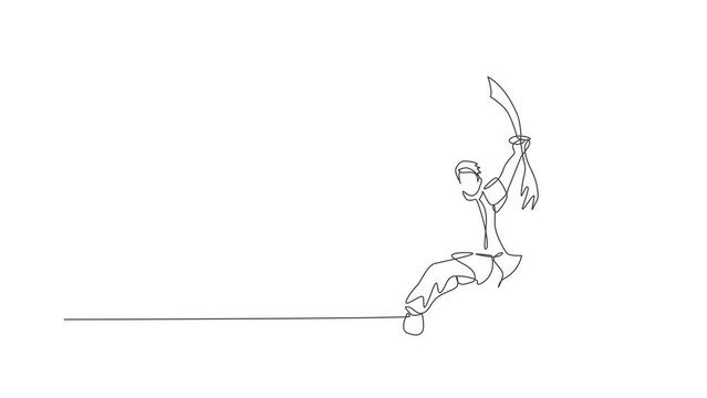 Animated self drawing of single continuous line draw young man wushu fighter, kung fu master in uniform training with swords at dojo center. Fighting contest concept. Full length one line animation.