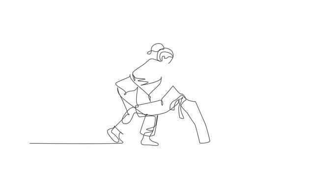 Animated self drawing of one continuous line draw two young sporty women training judo technique at sports hall. Jiu jitsu battle fight sport competition concept. Full length single line animation.