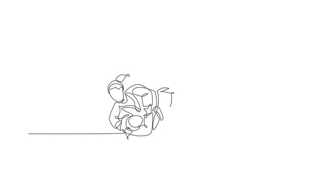 Animation of one line drawing two young energetic judokas fighter women battle fighting at gym center. Martial art sport competition concept. Continuous line self draw animated. Full length motion.