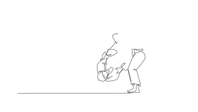 Animation of one line drawing of two young energetic judokas fighter men battle fighting at gym center. Martial art sport competition concept. Continuous line self draw animated. Full length motion.