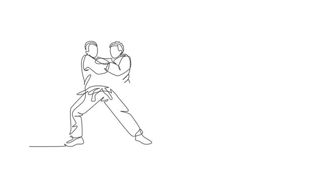 Animated self drawing of one continuous line draw two young sporty men training judo technique at sport hall. Jiu jitsu battle fight sport competition concept. Full length single line animation.