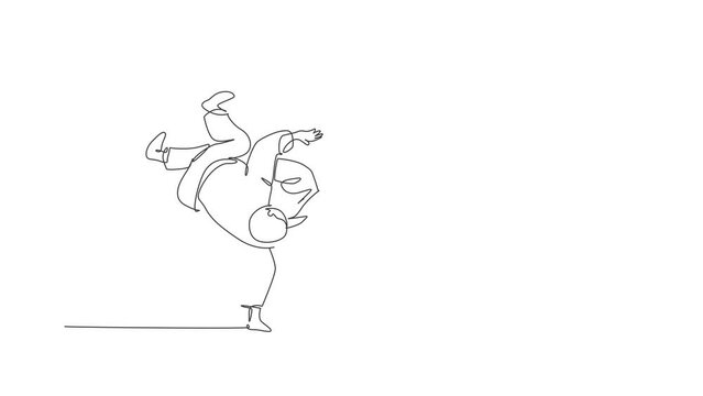 Animated self drawing of one continuous line draw two young sporty men training judo technique at sport hall. Jiu jitsu battle fight sport competition concept. Full length single line animation.