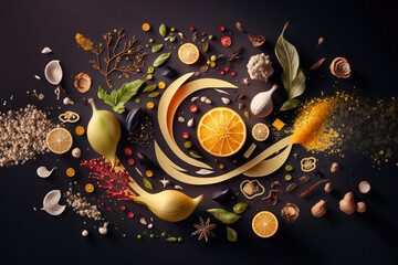 Abstract food background with floating ingredients and spices, generative ai