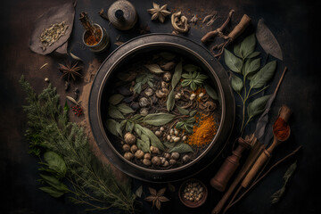 Fototapeta na wymiar beautiful arrangement of organic herbs and spices, placed next to an empty iron cooking pot, generative ai