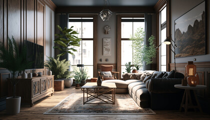 Fototapeta na wymiar Living room wood concept. Generative AI