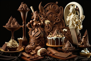 Chocolate Fantasy decadent display of artistic chocolate creations, including sculptures, truffles, and other sweets, generative ai