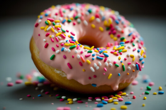 Close-up of a pink frosted donut with colorful sprinkles, generative ai