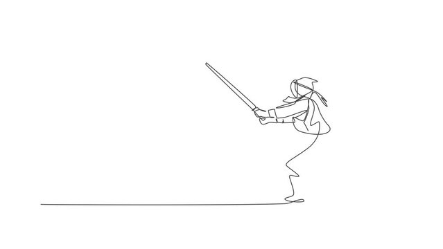 Animated self drawing of one continuous line draw young sporty man training kendo defense move skill in dojo center. Healthy fighting martial art sport concept. Full length single line animation.
