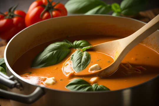 close-up of a wooden spoon stirring a pot of creamy tomato soup with chunks of tomato and basil, generative ai