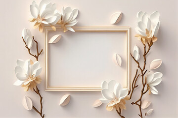 Empty square frame mockup with white magnolia flowers. Generative AI