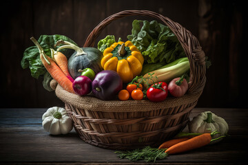 colorful array of raw vegetables in a handmade wicker basket on a vintage wooden table, generative ai