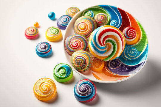 Colorful candy swirls on a white background with negative space, generative ai