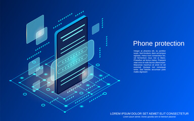 Phone protection, computer security flat 3d isometric vector concept illustration