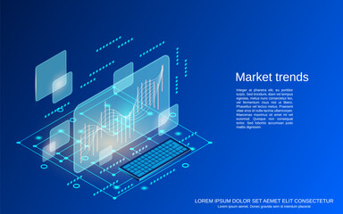 Market trends forecast, business analytics, financial statistics flat 3d isometric vector concept illustration