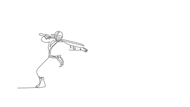 Animated self drawing of continuous line draw young Japanese culture ninja warrior on mask costume with attacking stance pose. Martial art fighting samurai concept. Full length one line animation.
