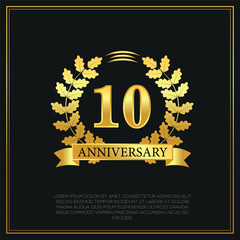 10 year anniversary celebration logo gold color design on black background abstract illustration  
