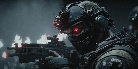 black ops Special forces soldier with rifle on dark background by ai generative - obrazy, fototapety, plakaty